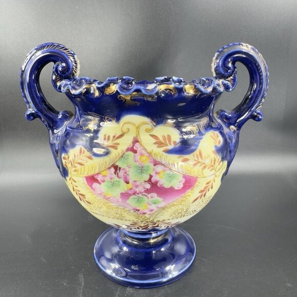 Antique Fine Porcelain Vase Vessel Footed Dish Bowl W Handles Decorated Ceramic - Picture 14 of 16